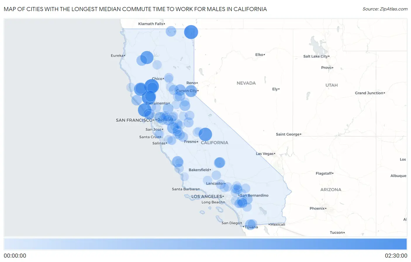 Cities with the Longest Median Commute Time to Work for Males in California Map