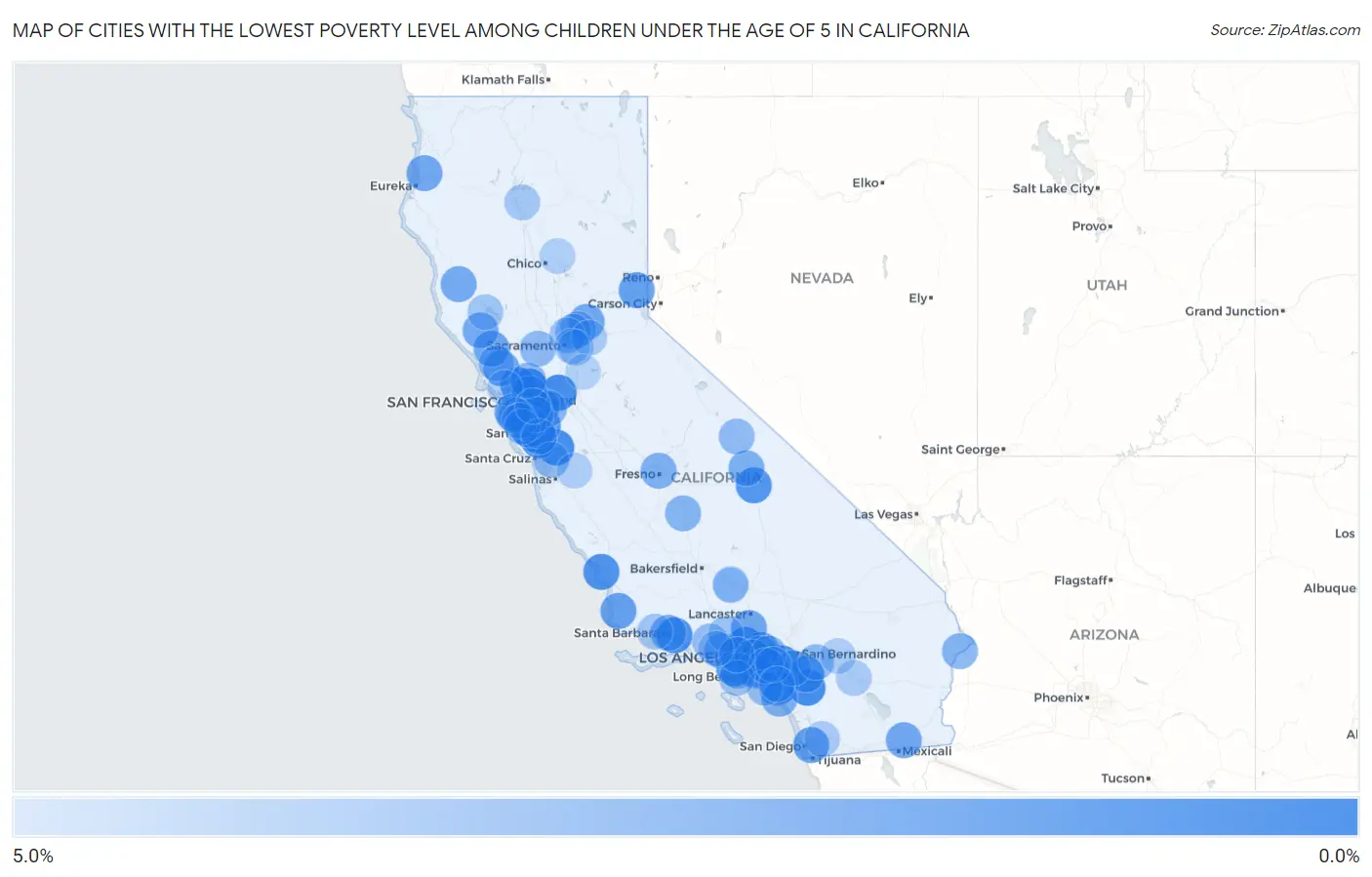 Cities with the Lowest Poverty Level Among Children Under the Age of 5 in California Map