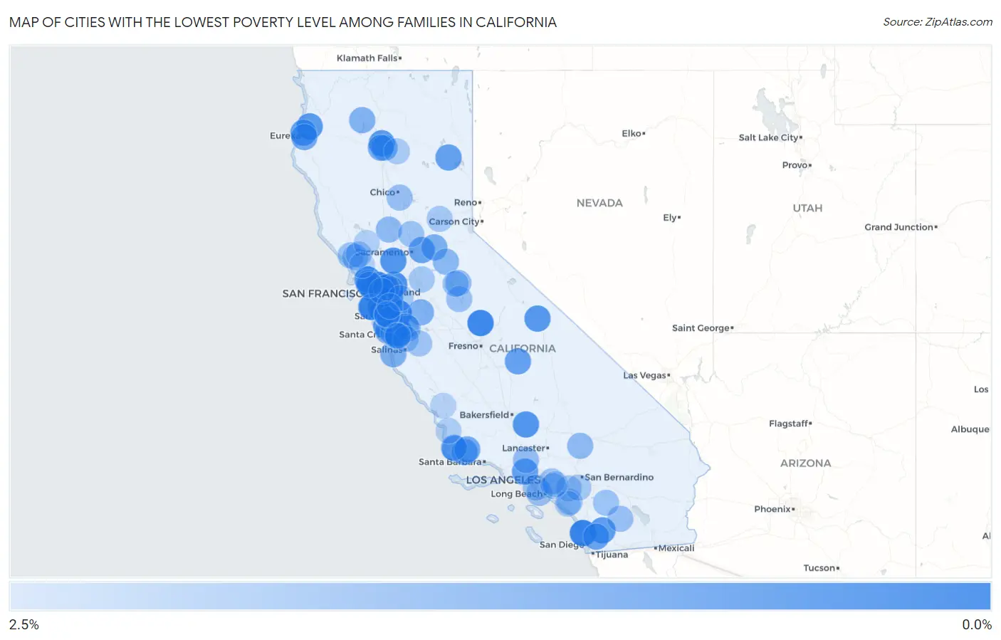 Cities with the Lowest Poverty Level Among Families in California Map