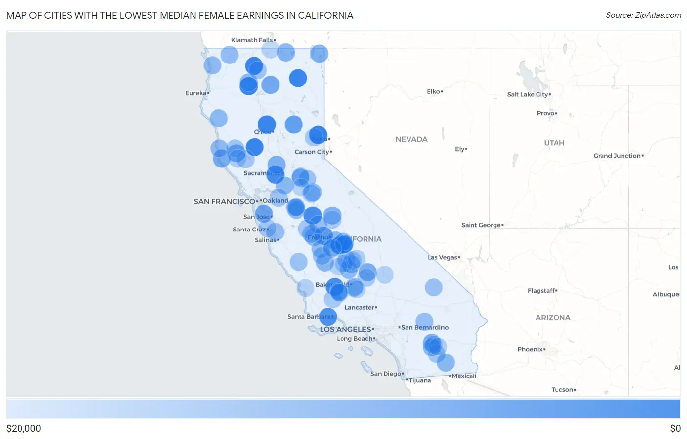Cities with the Lowest Median Female Earnings in California Map