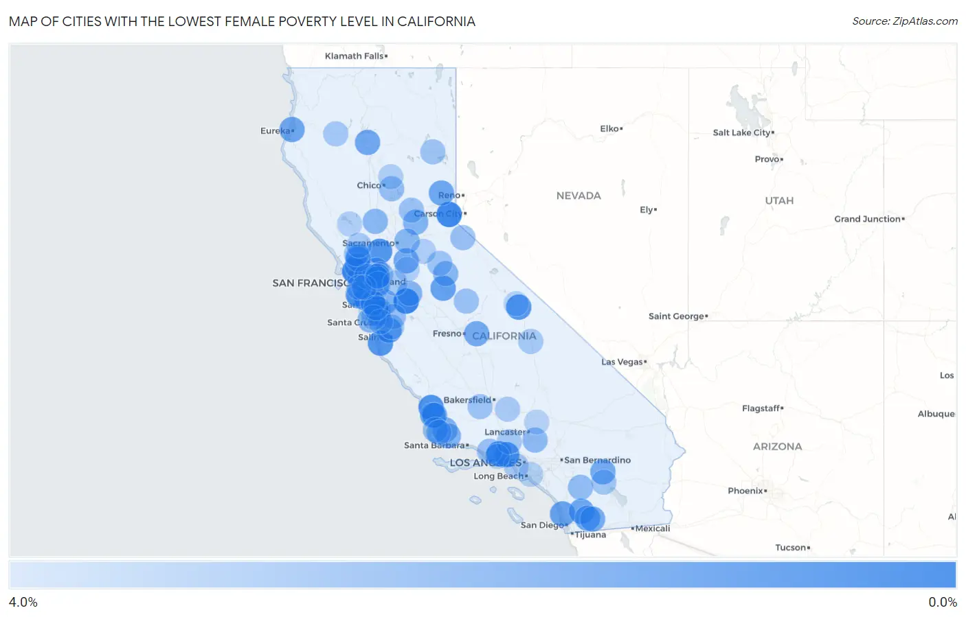 Cities with the Lowest Female Poverty Level in California Map