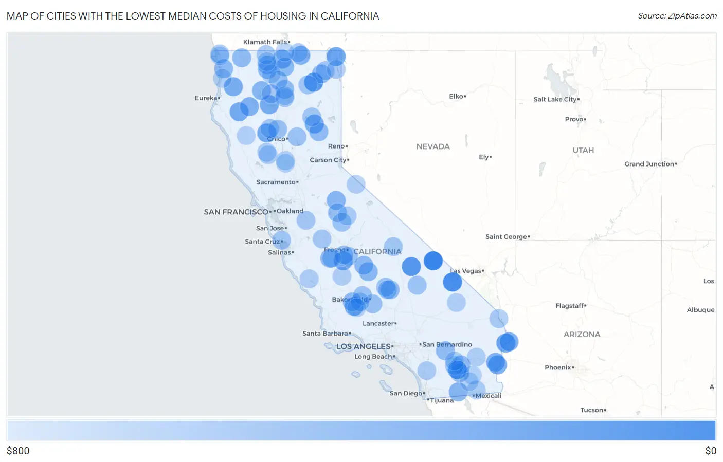 Cities with the Lowest Median Costs of Housing in California Map