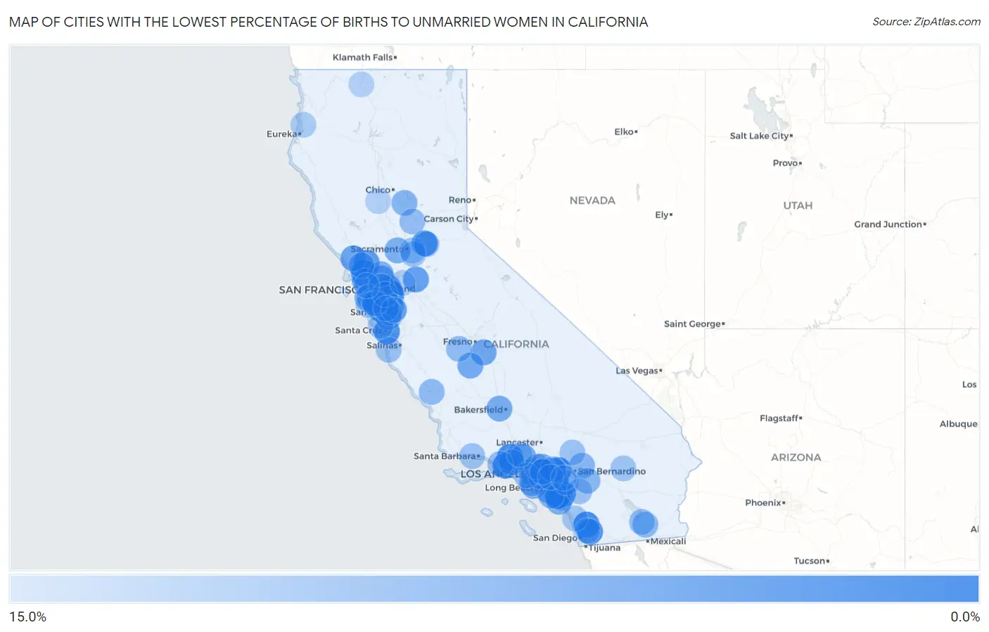 Cities with the Lowest Percentage of Births to Unmarried Women in California Map