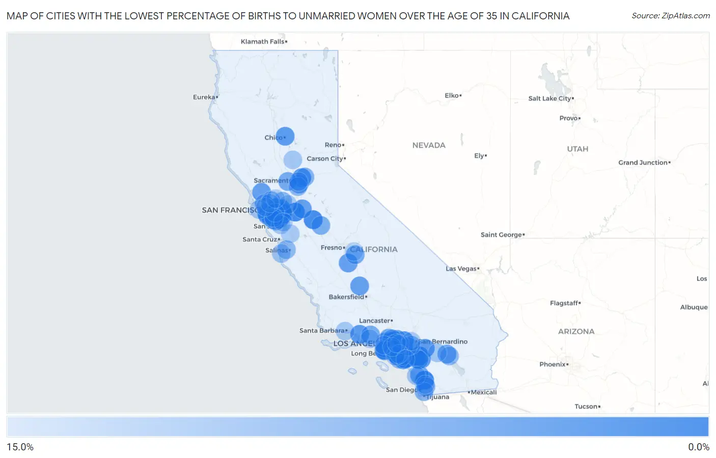 Cities with the Lowest Percentage of Births to Unmarried Women over the Age of 35 in California Map