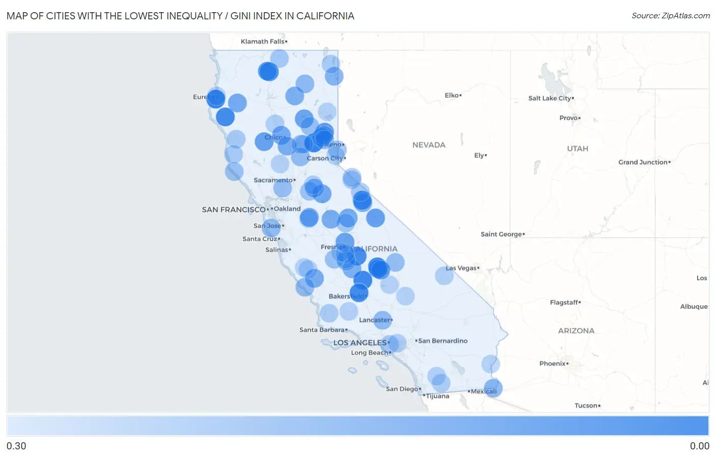 Cities with the Lowest Inequality / Gini Index in California Map