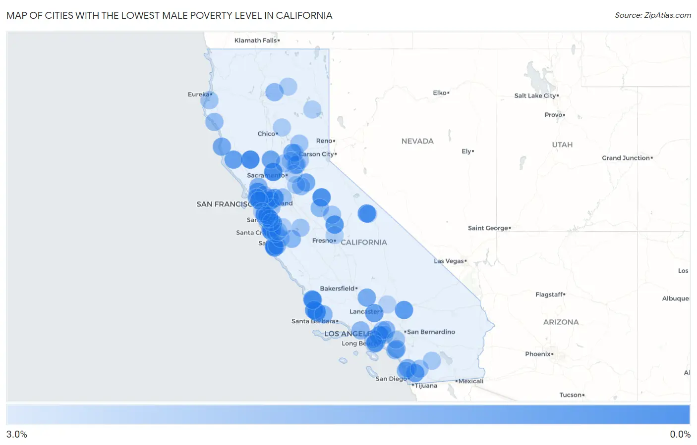 Cities with the Lowest Male Poverty Level in California Map