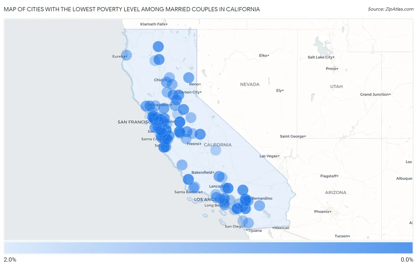 Cities with the Lowest Poverty Level Among Married Couples in California Map