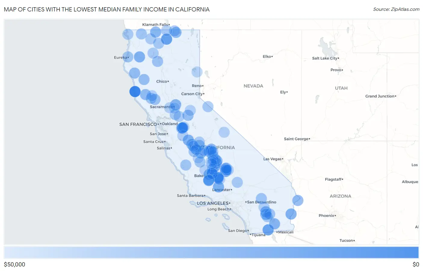 Cities with the Lowest Median Family Income in California Map