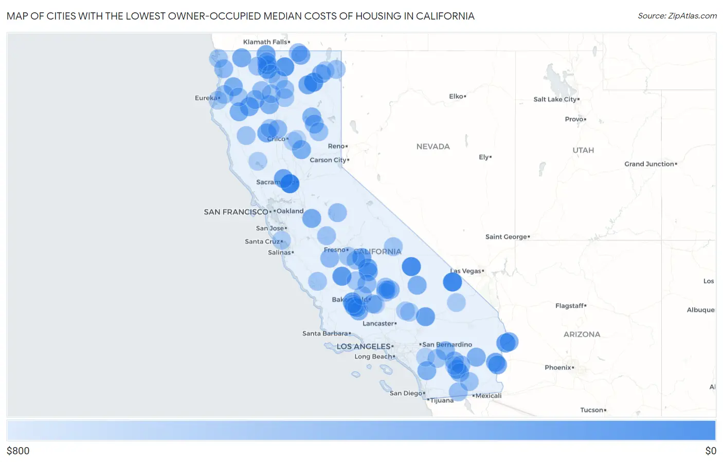 Cities with the Lowest Owner-Occupied Median Costs of Housing in California Map