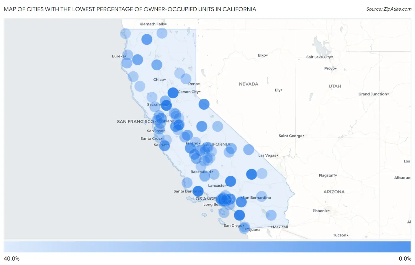 Cities with the Lowest Percentage of Owner-Occupied Units in California Map