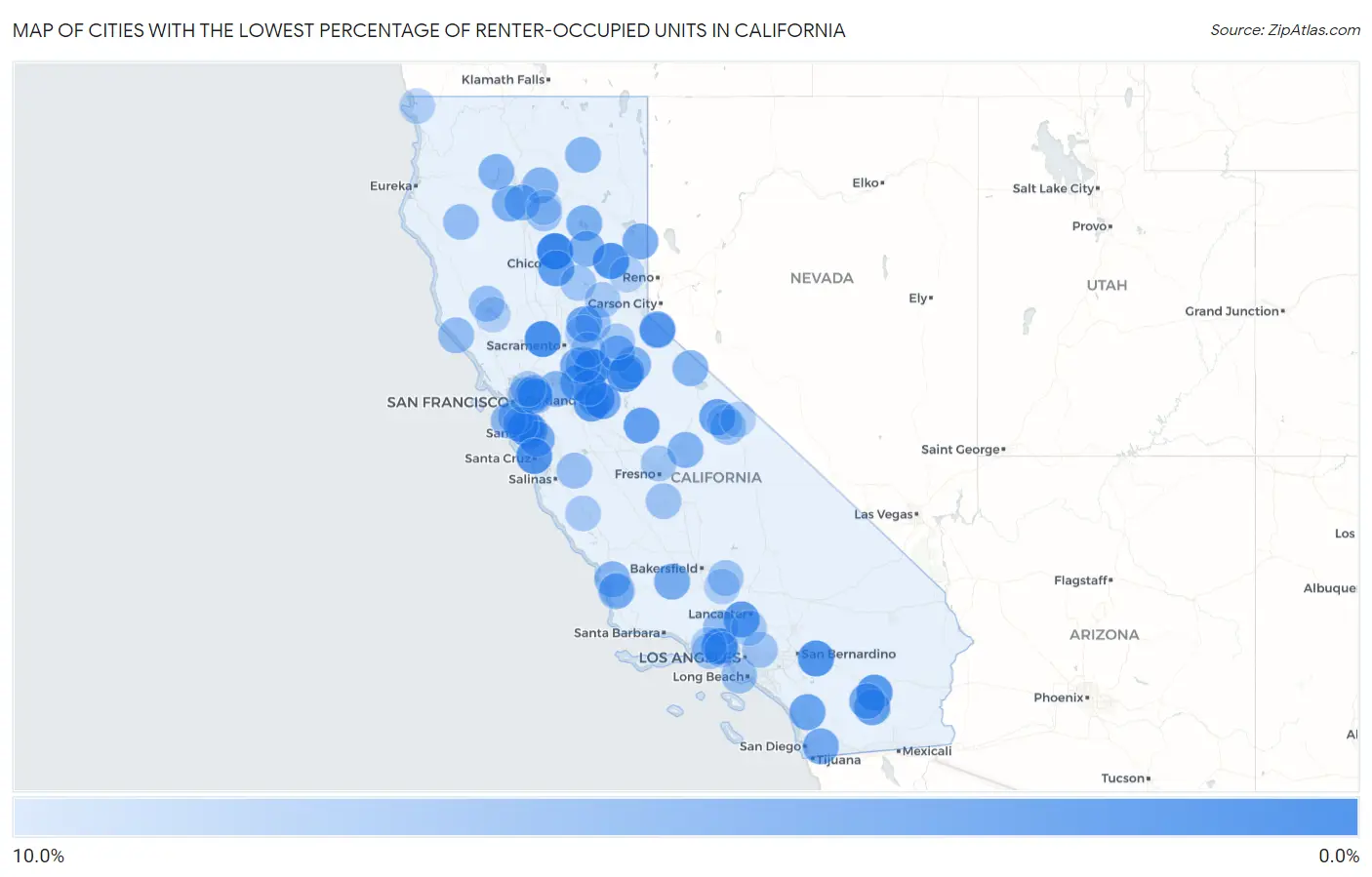 Cities with the Lowest Percentage of Renter-Occupied Units in California Map