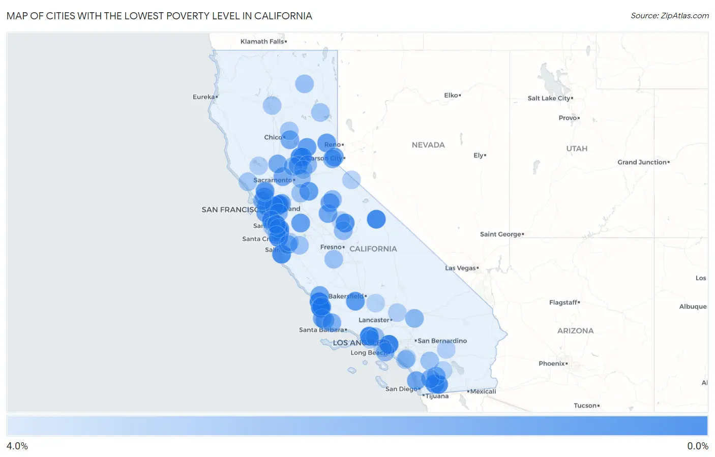 Cities with the Lowest Poverty Level in California Map