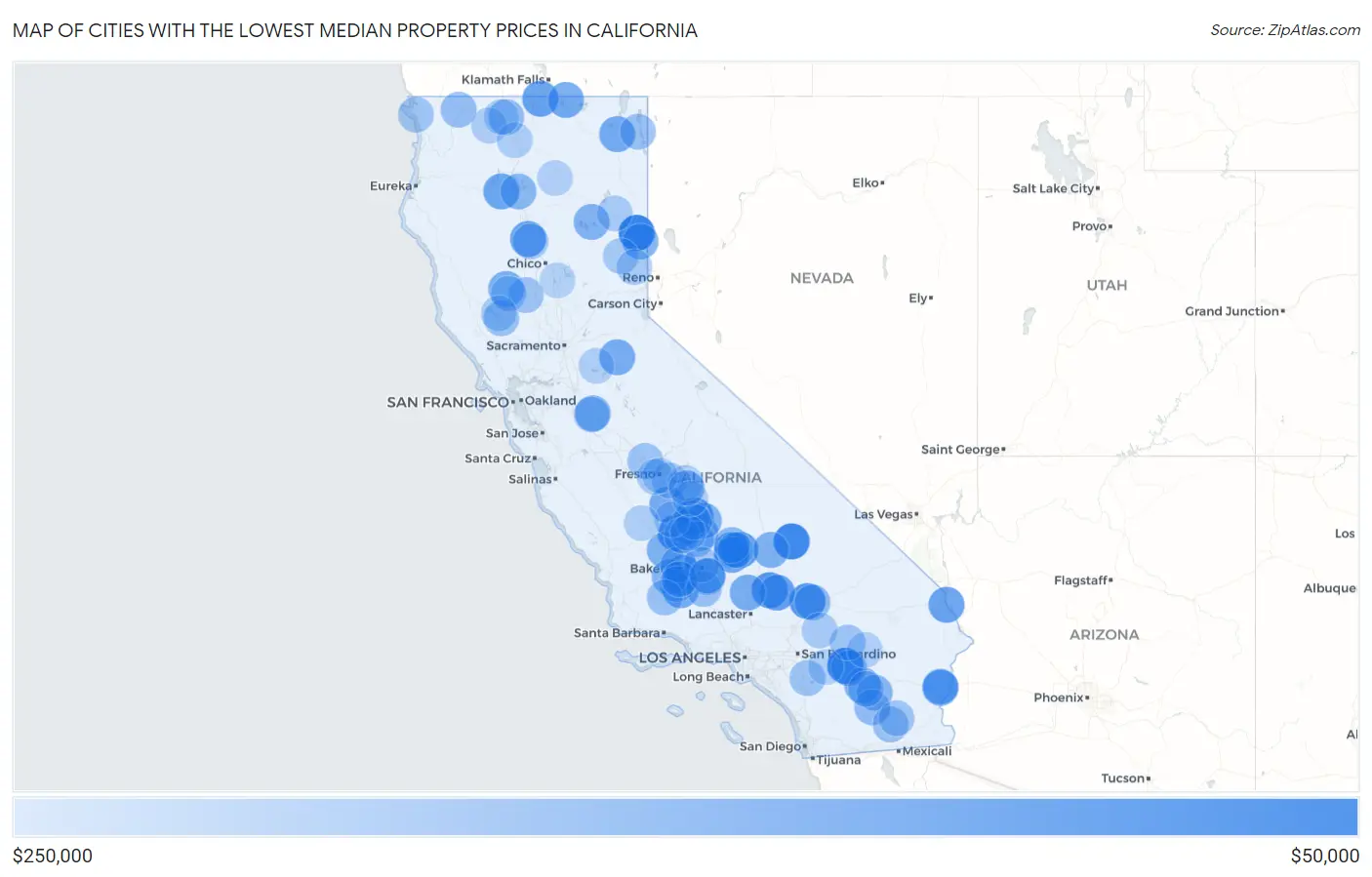 Cities with the Lowest Median Property Prices in California Map