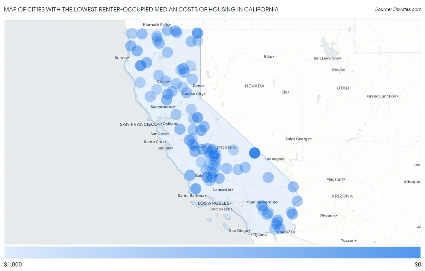 Cities with the Lowest Renter-Occupied Median Costs of Housing in California Map