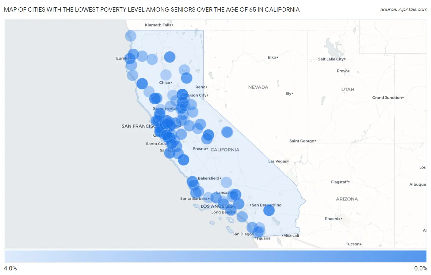 Cities with the Lowest Poverty Level Among Seniors Over the Age of 65 in California Map