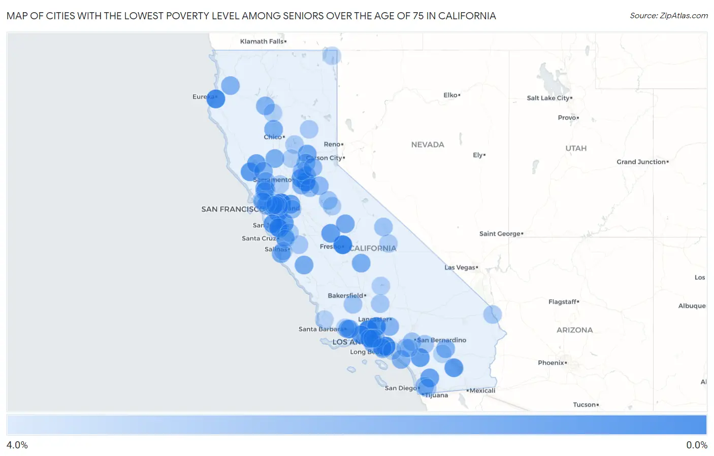 Cities with the Lowest Poverty Level Among Seniors Over the Age of 75 in California Map