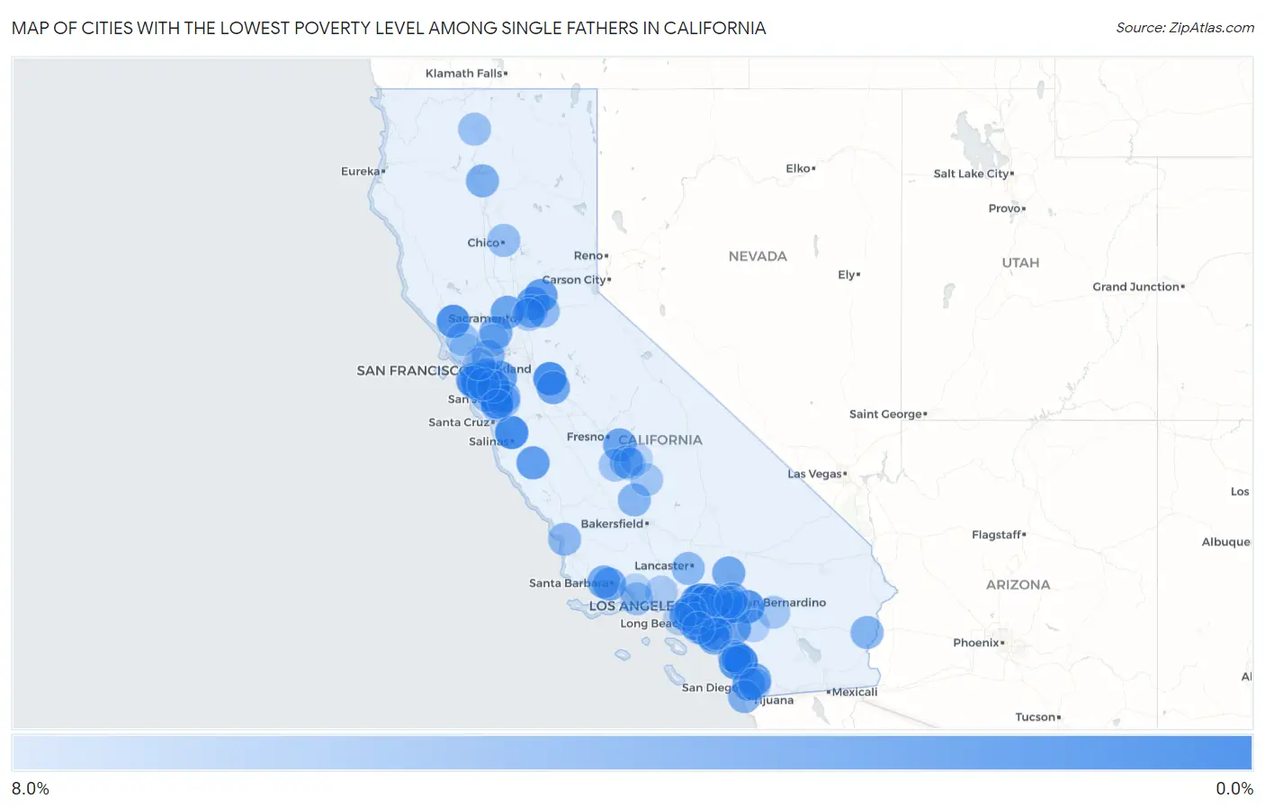 Cities with the Lowest Poverty Level Among Single Fathers in California Map