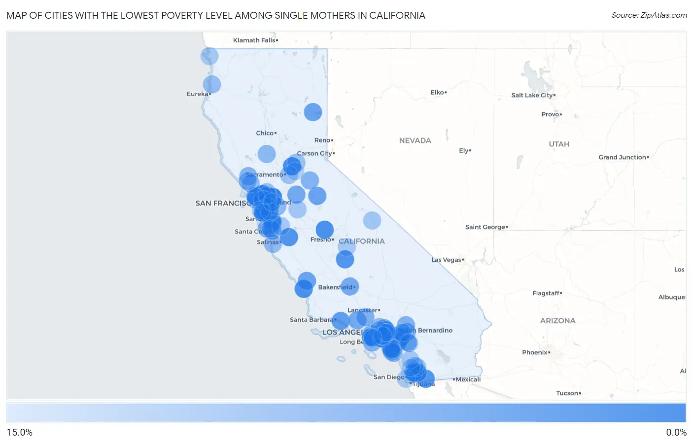 Cities with the Lowest Poverty Level Among Single Mothers in California Map