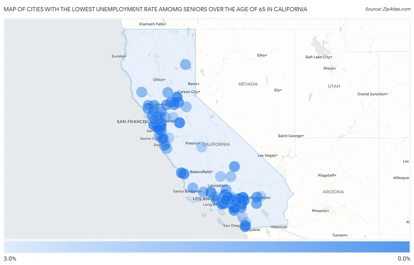 Cities with the Lowest Unemployment Rate Amomg Seniors Over the Age of 65 in California Map