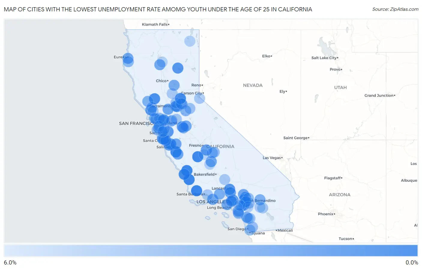 Cities with the Lowest Unemployment Rate Amomg Youth Under the Age of 25 in California Map