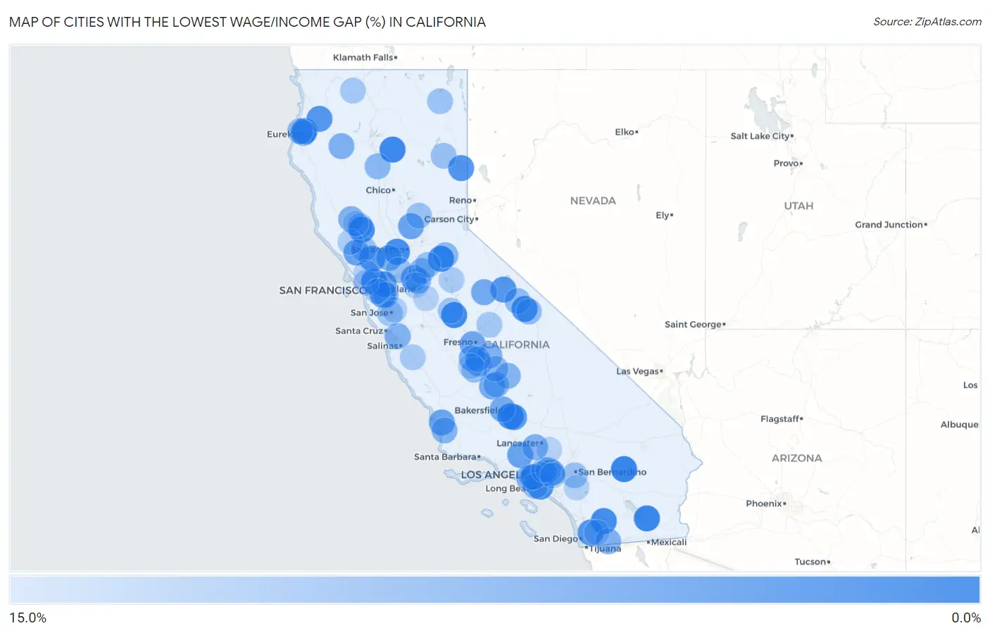 Cities with the Lowest Wage/Income Gap (%) in California Map