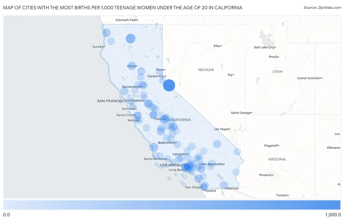 Cities with the Most Births per 1,000 Teenage Women Under the Age of 20 in California Map
