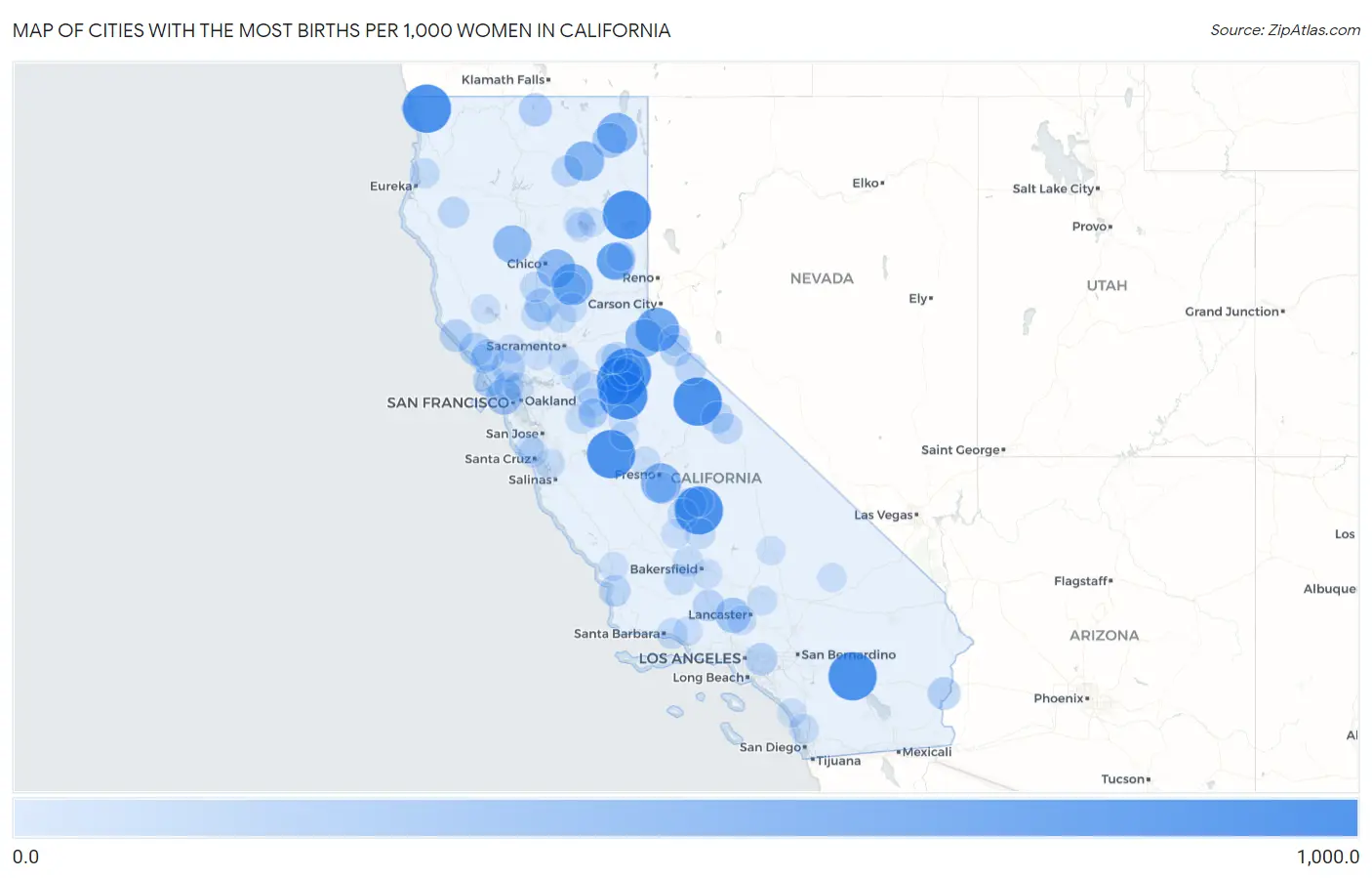 Cities with the Most Births per 1,000 Women in California Map