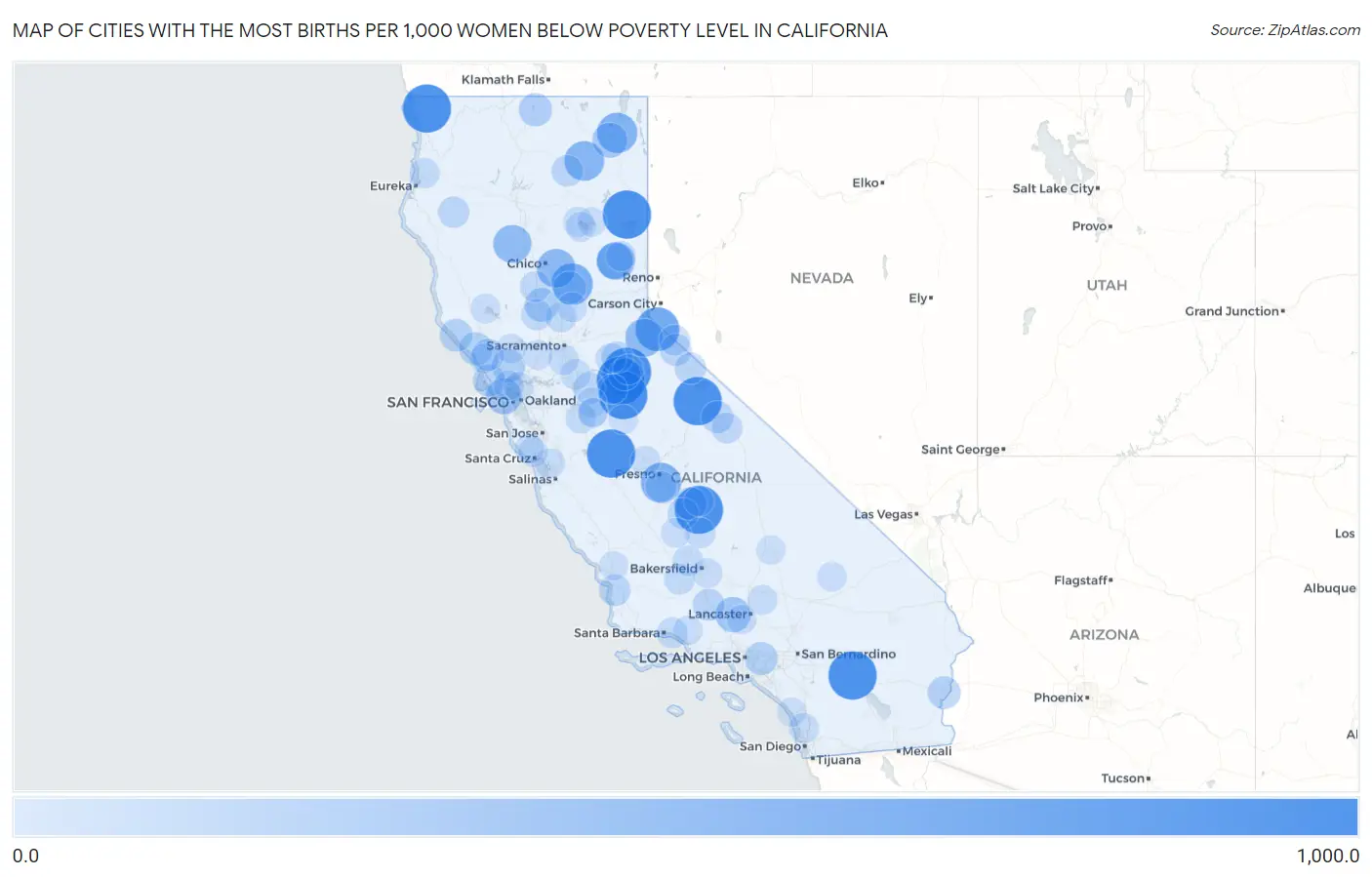 Cities with the Most Births per 1,000 Women Below Poverty Level in California Map