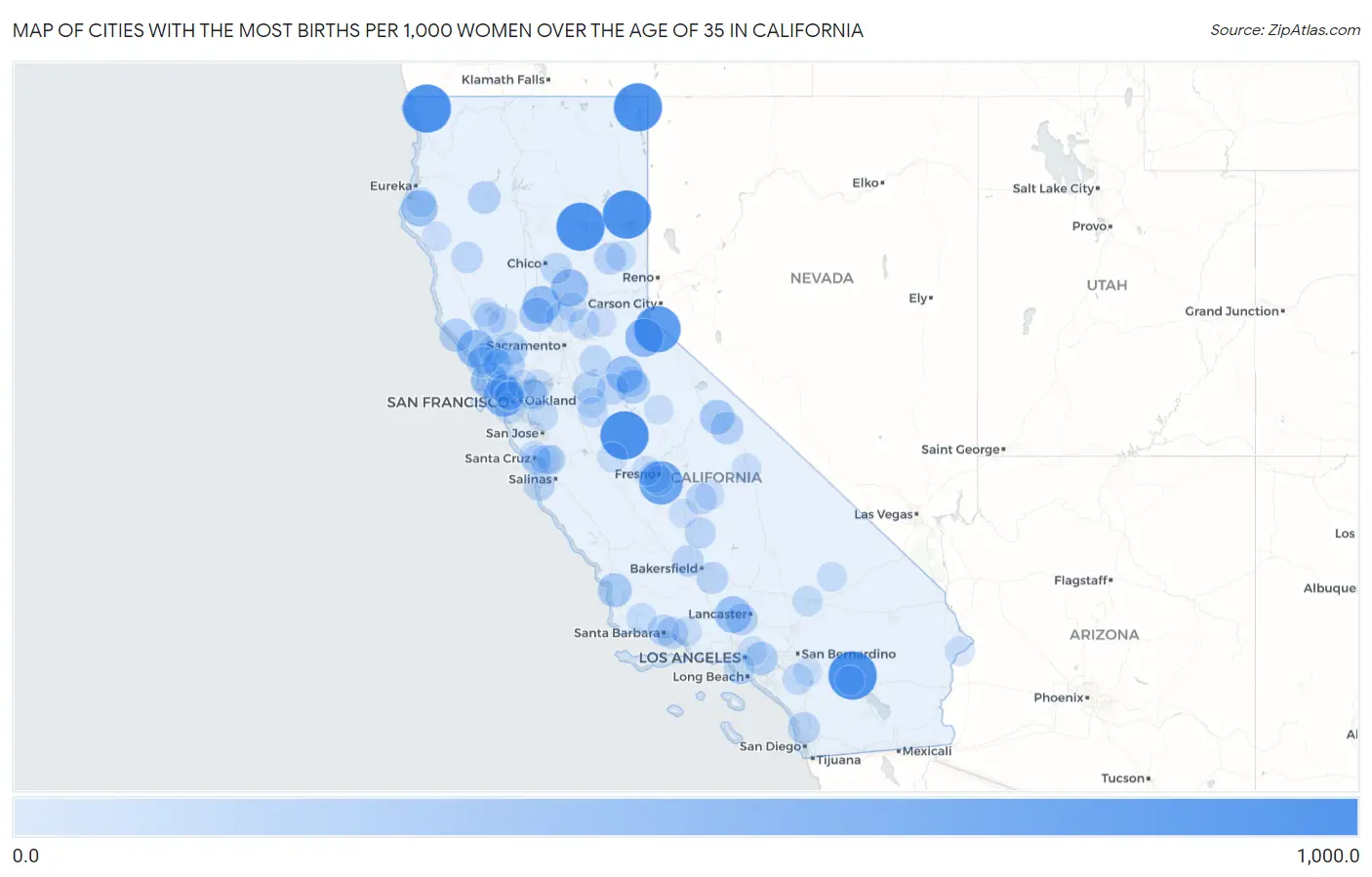Cities with the Most Births per 1,000 Women Over the Age of 35 in California Map