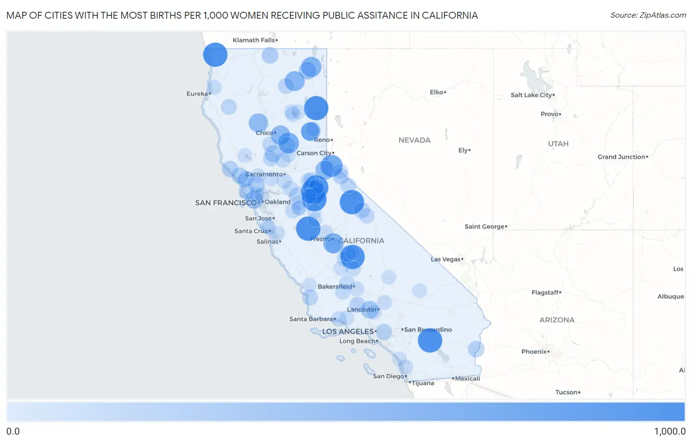 Cities with the Most Births per 1,000 Women Receiving Public Assitance in California Map