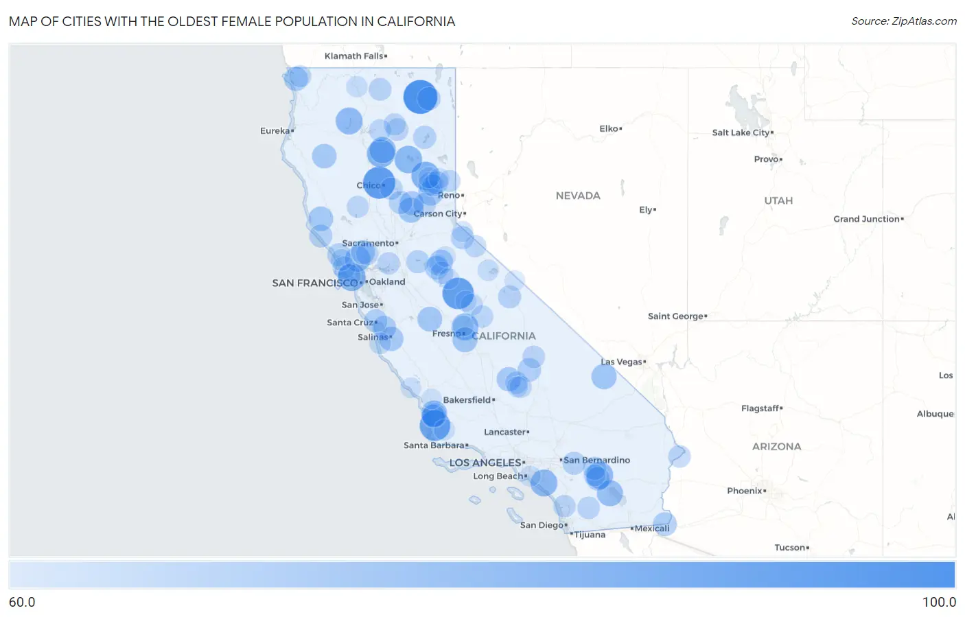Cities with the Oldest Female Population in California Map