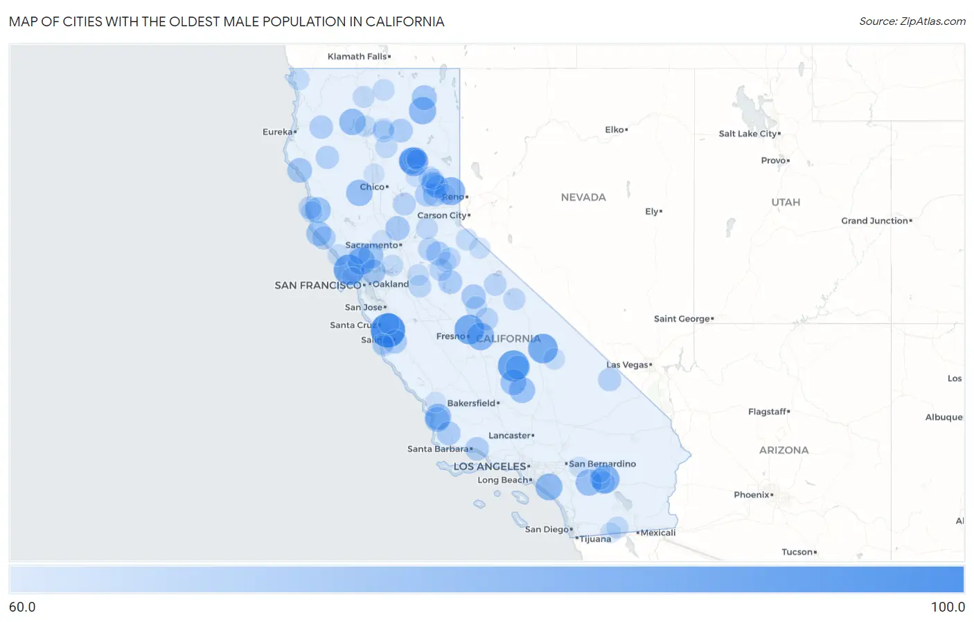Cities with the Oldest Male Population in California Map