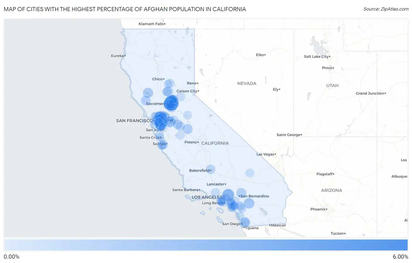 Cities with the Highest Percentage of Afghan Population in California Map