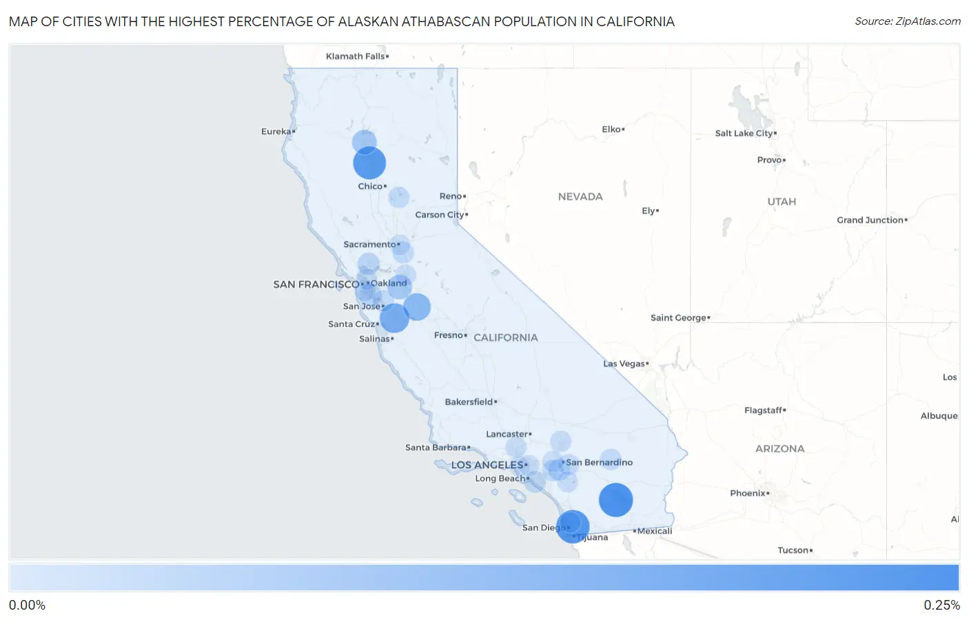Cities with the Highest Percentage of Alaskan Athabascan Population in California Map