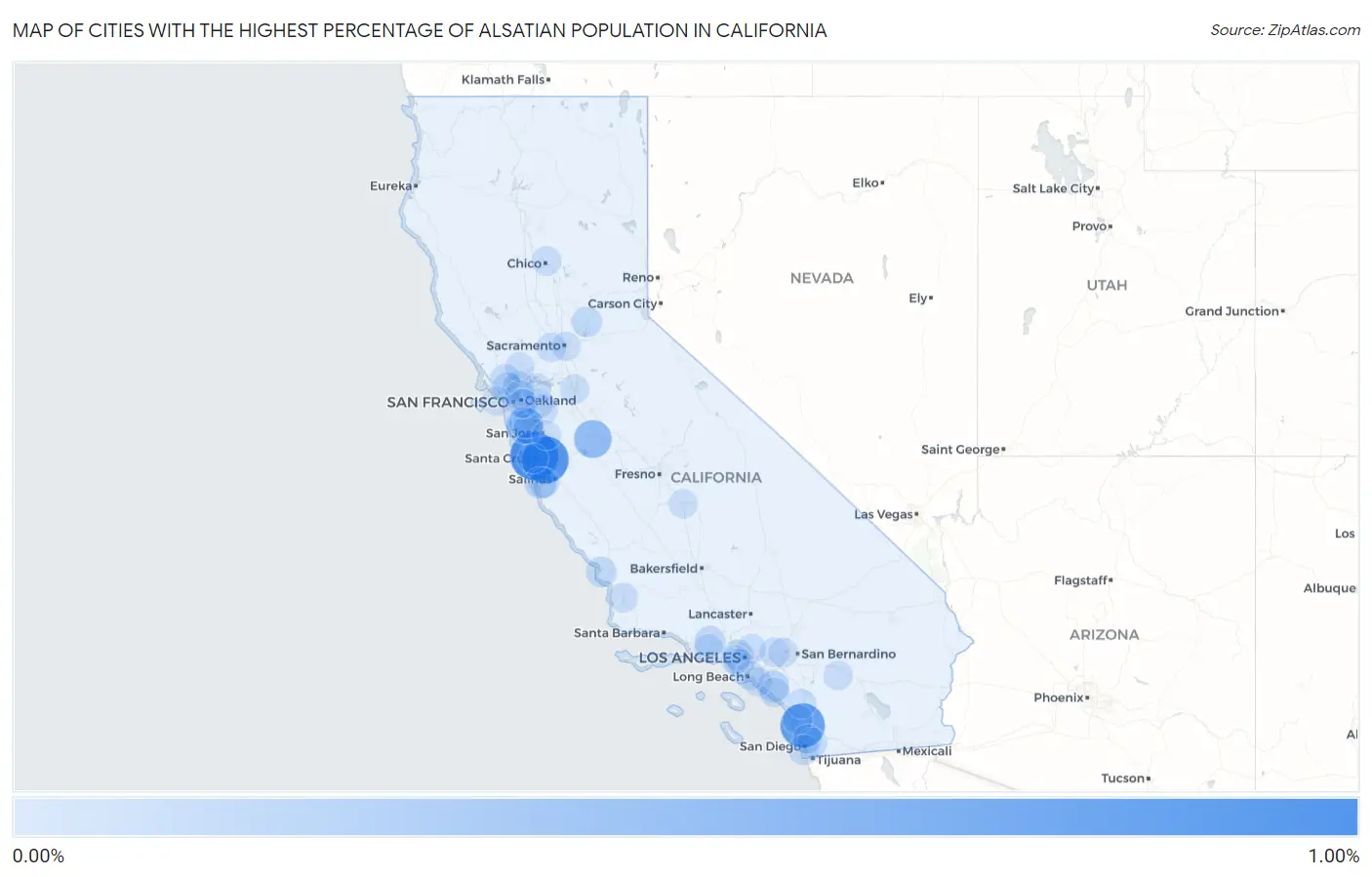 Cities with the Highest Percentage of Alsatian Population in California Map