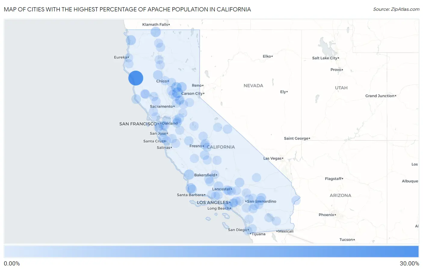 Cities with the Highest Percentage of Apache Population in California Map