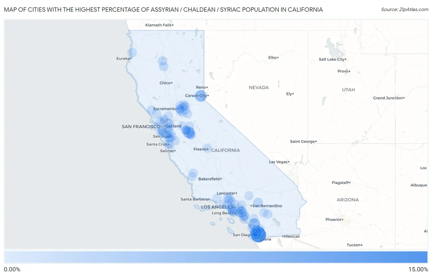 Cities with the Highest Percentage of Assyrian / Chaldean / Syriac Population in California Map