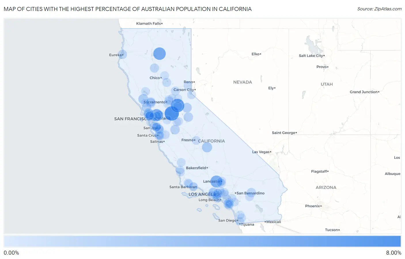 Cities with the Highest Percentage of Australian Population in California Map
