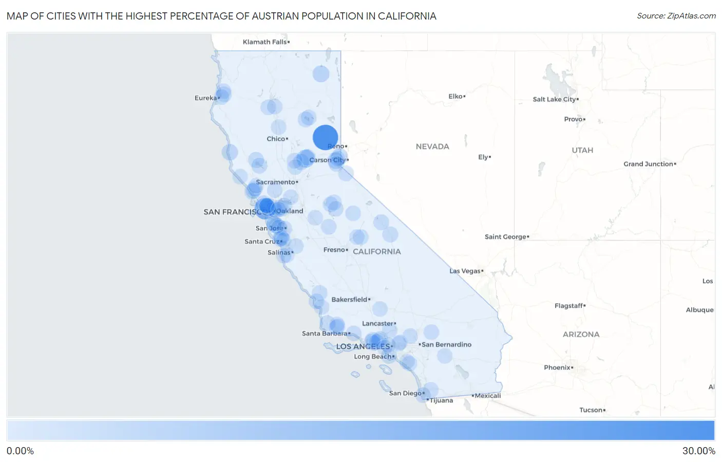 Cities with the Highest Percentage of Austrian Population in California Map