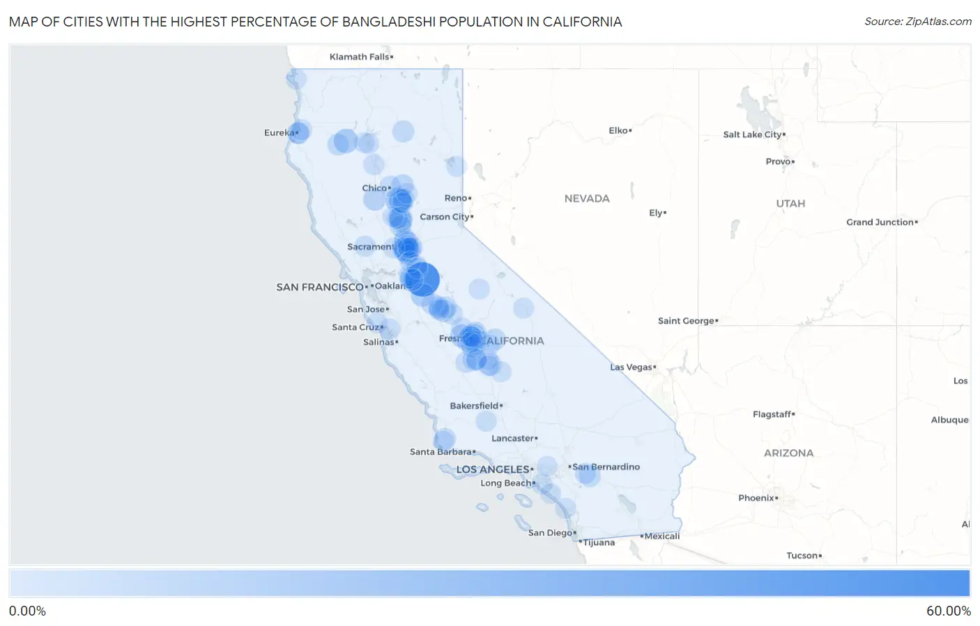 Cities with the Highest Percentage of Bangladeshi Population in California Map