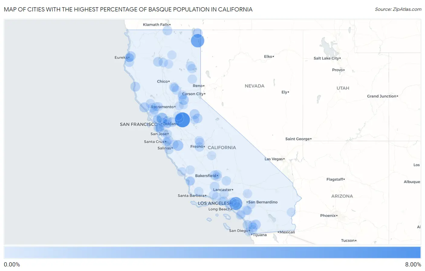 Cities with the Highest Percentage of Basque Population in California Map