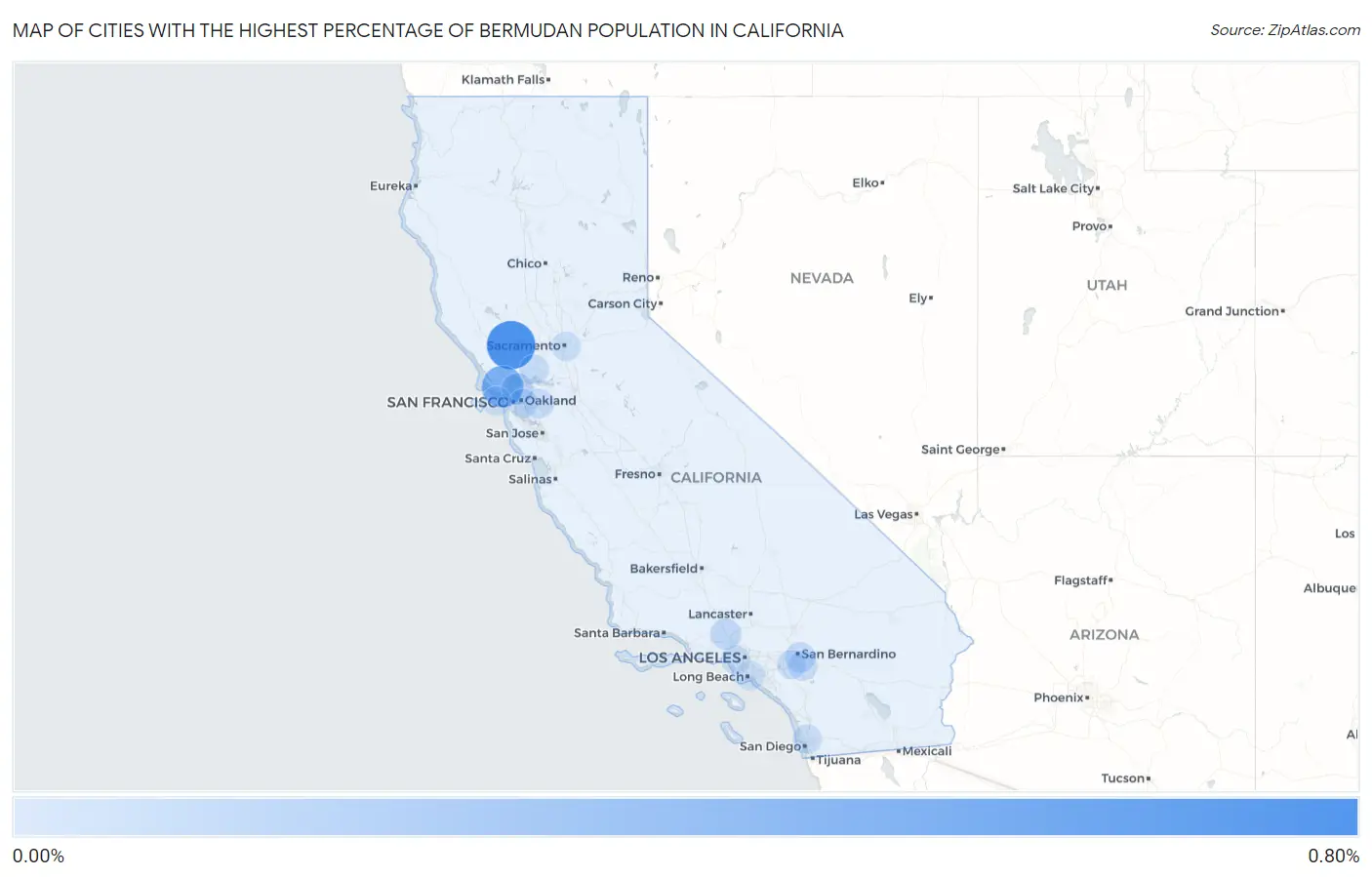 Cities with the Highest Percentage of Bermudan Population in California Map