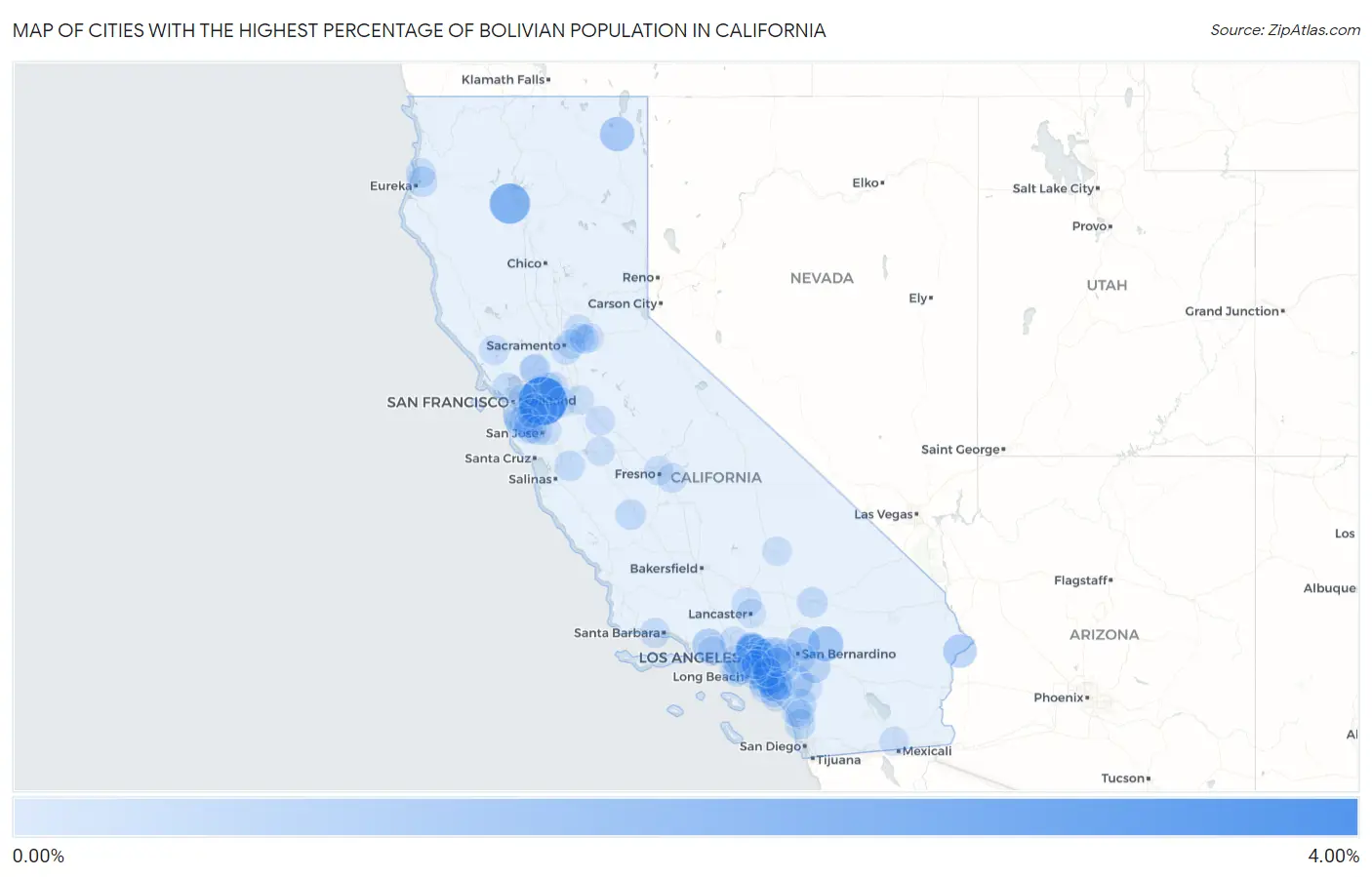 Cities with the Highest Percentage of Bolivian Population in California Map