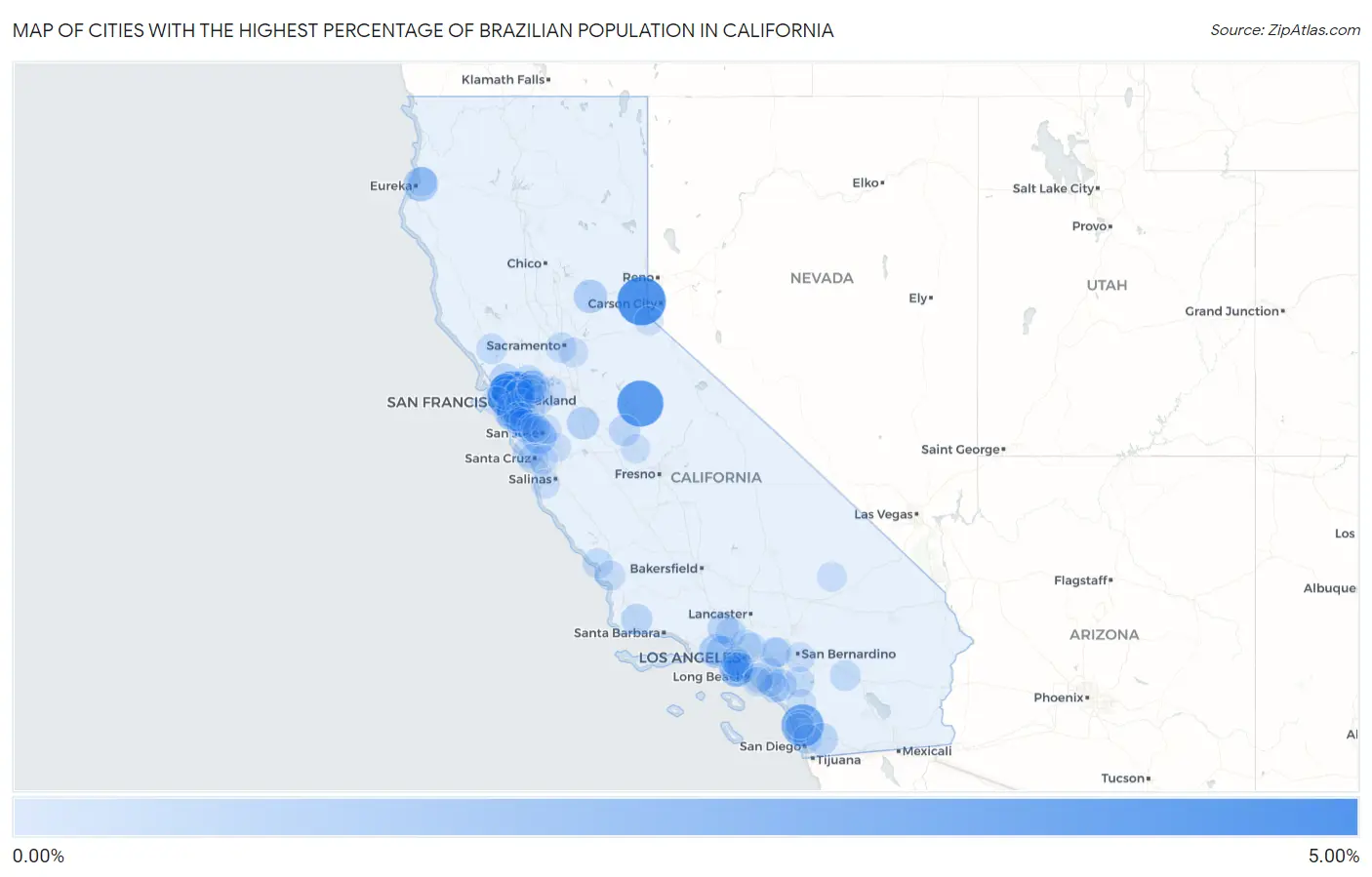 Cities with the Highest Percentage of Brazilian Population in California Map