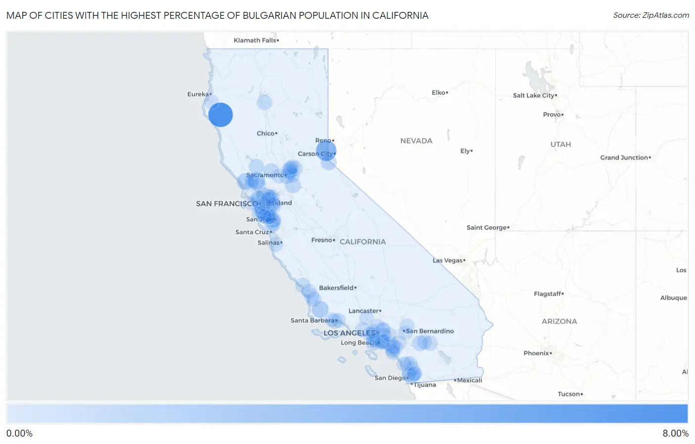 Cities with the Highest Percentage of Bulgarian Population in California Map
