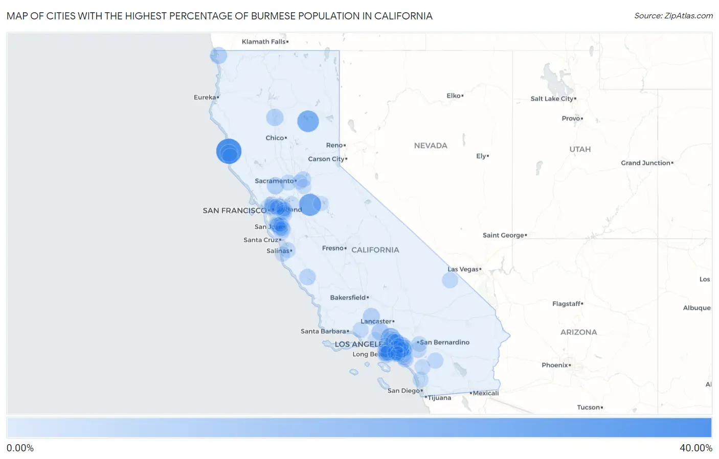 Cities with the Highest Percentage of Burmese Population in California Map