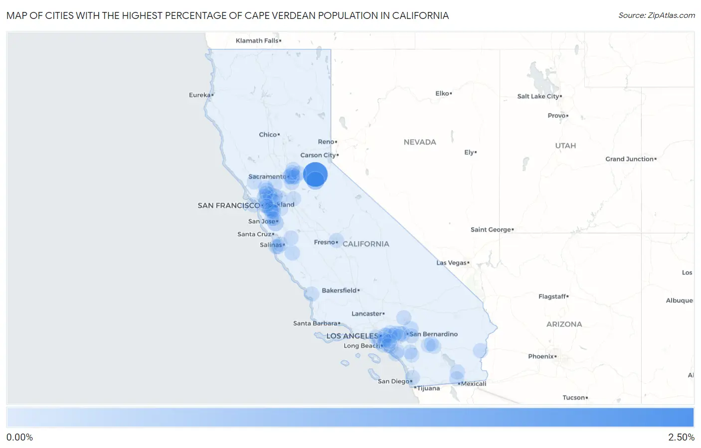Cities with the Highest Percentage of Cape Verdean Population in California Map