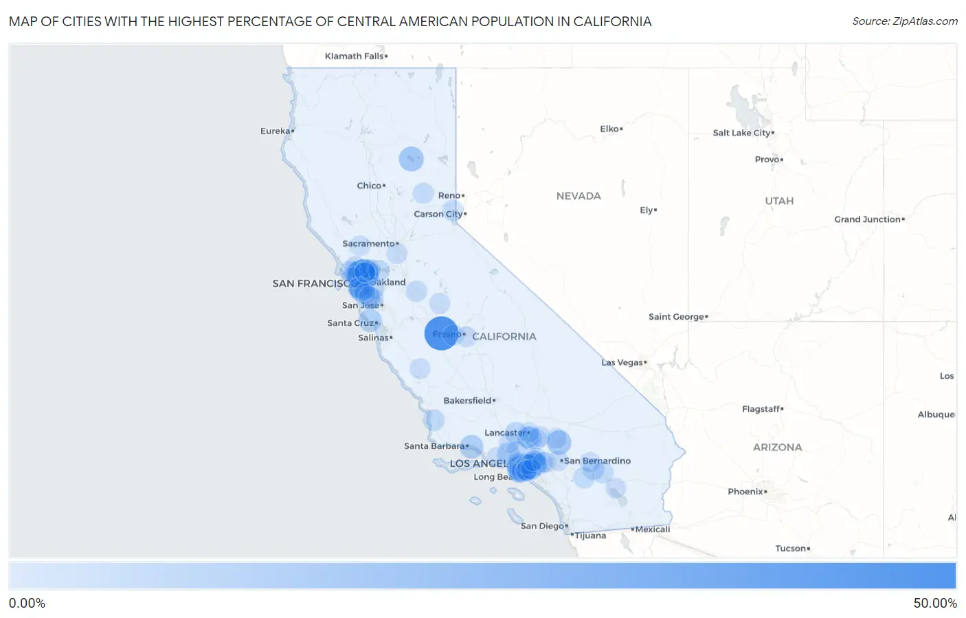 Cities with the Highest Percentage of Central American Population in California Map