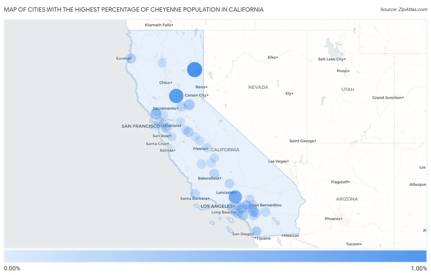 Cities with the Highest Percentage of Cheyenne Population in California Map