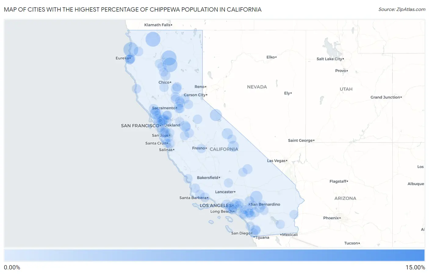 Cities with the Highest Percentage of Chippewa Population in California Map